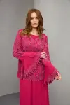 Pembe Etnik Desen İnci Taş Detaylı Krep Kumaş Bluz Etek İkili Takım