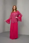 Pembe Etnik Desen İnci Taş Detaylı Krep Kumaş Bluz Etek İkili Takım