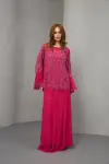 Pembe Etnik Desen İnci Taş Detaylı Krep Kumaş Bluz Etek İkili Takım