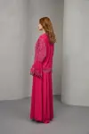 Pembe Etnik Desen İnci Taş Detaylı Krep Kumaş Bluz Etek İkili Takım